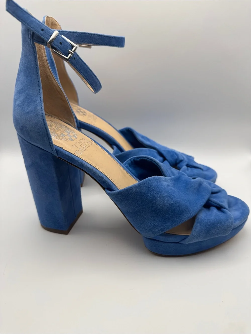 Vince Camuto Blue Suede Knotted Platform Block Heel Sandals 7.5